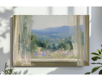 Art mural country été, décoration de chambre à coucher Cottagecore, peinture de paysage floral rustique, vintage imprimable, téléchargement numérique