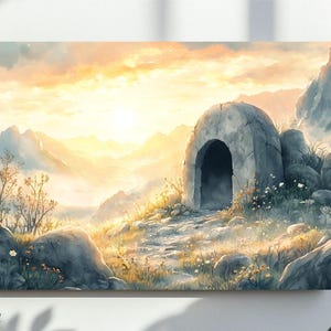 Lui è Risorto, Pittura della Tomba Vuota, Versetto della Bibbia Stampabile, File Digitale di Gesù Acquerello, Scritture di Pasqua, Stampa della Resurrezione di Gesù