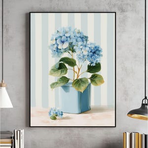 Art mural aquarelle hortensia, imprimé hortensia bleu, décoration florale côtière, affiche botanique, oeuvre d&#39;art maison preppy, téléchargement numérique