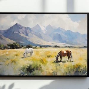 Rustic Landscape Wild Horses In Field Wall Art, Large Modern Western, American Country Digital Art | Vintage Horse Print | DOWNLOAD File