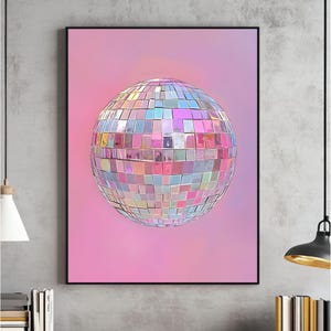 Silver Disco Ball Maximalist Printable Wall Art, Bright Pastel Pink Girly Poster, Trendy Dopamine Decor, Mirror Ball Preppy Painting
