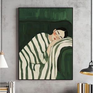 Emerald Green Abstract People Large Wall Art, Contemporary Artwork, Minimalist Print, Living Room, Stripe Woman Printable, Digital Download