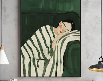 Emerald Green Abstract People Large Wall Art, Contemporary Artwork, Minimalist Print, Living Room, Stripe Woman Printable, Digital Download