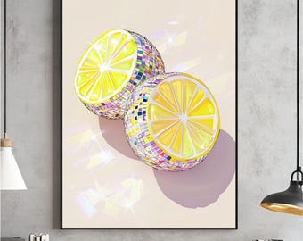 Poster da parete Disco Lemons, stampa glamour con limoni a forma di palla da discoteca, poster massimalista preppy e trendy, decorazione da cucina, download digitale, stampabile