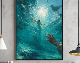 Hand Gottes Digitale Wandkunst, Christlicher Druck, Jesus rettet Petrus, Bild von Christus, katholisches Poster, LDS, Bibelvers, sofortiger Download