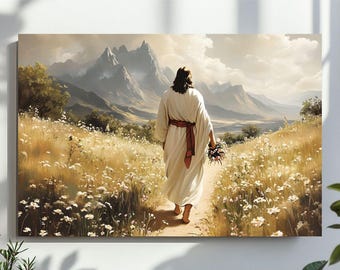 Jesus Walking on a Wildflower Road in the Mountains Wall Art, Christian Oil Painting Printable, Digital Download