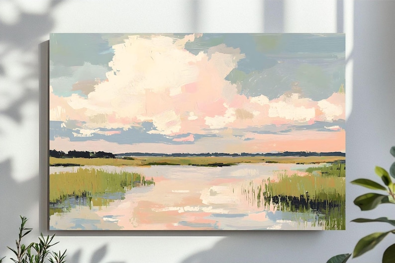 May include: A painting depicting a landscape with a large pink and white cloud in the sky above a body of water with green reeds. The water reflects the sky and clouds.