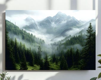 Forest Mountains Digital Wall Art, Misty Foggy Mountains Photography Print, Green Forest Landscape, Large Nature Picture, Printable Wall Art
