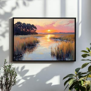 Sunset Marsh Landscape Painting | Carolina Green Lowcountry Coastal Watercolor Wall Art Print | Pastel Beach Printable Digital Download
