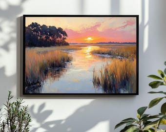 Zonsondergang moeraslandschap schilderij | Carolina-groene laagland kust aquarel kunst aan de muur print | Afdrukbare digitale download in pastelkleurige strand