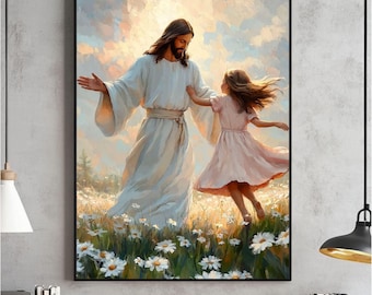 Arte mural de Jesús y una niña bailando, Una danza de gracia, Arte SUD de niña pequeña, Pintura cristiana moderna, Arte bíblico para niños, Impresión de Jesús con niños
