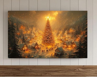 Neutral Christmas Frame TV Art, Gold Xmas Tree Festive Town Samsung, Snowy City, Winter Holiday Samsung Digital Download