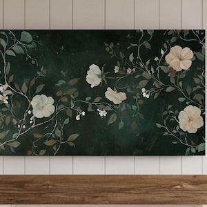 Flower Painting Frame TV Art, Antique Dark Green Peach Wildflower Screensaver, Earthy Organic Floral Vintage Botanical Summer Decor
