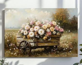 Wildflowers Cart Wall Art, wydruk wiosennych kwiatów, malarstwo krajobrazowe, wydruk w stylu vintage z kwiatami, wystrój domu wiejskiego, pobieranie cyfrowe