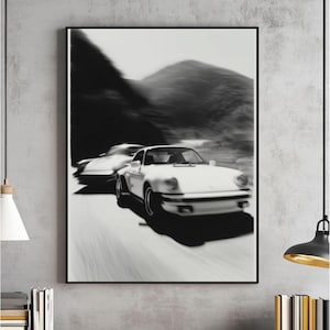 Racing Porsche Wall Art, Vintage Car Poster, Hypebeast Decor, Automotive Print, Porsche 911 Digital Download, Black And White Artwork