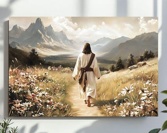 Jesus Walking on a Wildflower Road in the Mountains Wall Art, Christian Oil Painting Printable, Digital Download