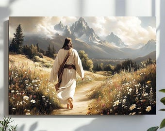 Jesus Walking on a Wildflower Road in the Mountains Wall Art, Christian Oil Painting Printable, Digital Download