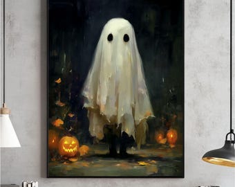 Ghost Painting Wall Art, Halloween Home Decor Print, Abstract Cute Ghost Oil Poster, Vintage Aesthetic, Dark Academia, Cottagecore Digital
