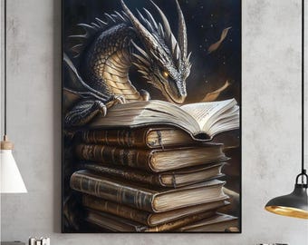 May include: A black dragon with golden eyes is reading a large open book. The book is resting on a stack of old, leather-bound books.