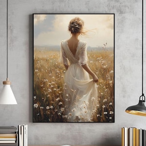 Puede incluir: Una mujer con un vestido blanco camina por un campo de flores silvestres. El sol brilla intensamente, proyectando un cálido resplandor sobre la escena. El cabello de la mujer ondea con la brisa y su vestido ondea detrás de ella.