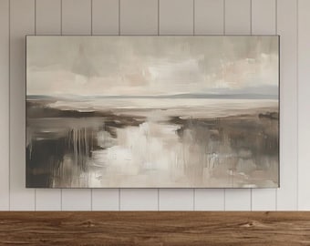 ニュートラルな抽象ベージュフレームのテレビ壁掛けアート、海岸風景画のオーシャンビーチ風景テレビダウンロード、ヴィンテージスタイルの夏のスクリーンセーバー