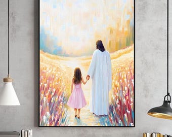 Väggkonst för flicka som går med Jesus | Jesus Kristus som går | Bibelkonst och kristen digital nedladdning utskrivbar dekor
