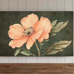 Flower Painting Frame TV Art, Antique Dark Green Peach Wildflower Screensaver, Earthy Organic Floral Vintage Botanical Summer Decor