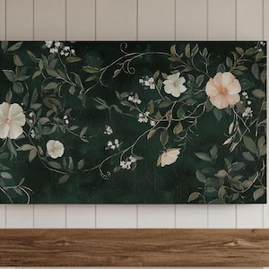 Flower Painting Frame TV Art, Antique Dark Green Peach Wildflower Screensaver, Earthy Organic Floral Vintage Botanical Summer Background