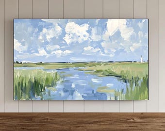 Marshlands & Lighthouse Digital Painting Frame TV Wall Art, Coastal Summer Samsung Screensaver, Summer Seaside, Digital Files