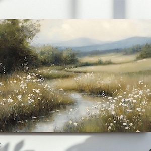 Spring Printable Wildflower Field Landscape Wall Art, Spring Print Vintage Farmhouse Print, Neutral Painting, Spring Art, Digital Download