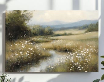 Frühling Wildblumen Feld Landschaft Wandkunst, Frühlingsdruck Vintage Bauernhaus Druck, Neutrale Malerei, Frühlingskunst, digitaler Download