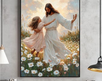 Arte mural de Jesús y una niña bailando, Una danza de gracia, Arte SUD de niña pequeña, Pintura cristiana moderna, Arte bíblico para niños, Impresión de Jesús con niños