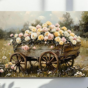 Wildblumen Warenkorb Wandkunst, Frühlingsblumendruck, Land Landschaft Malerei, Vintage Blumen bedruckbar, Bauernhausdekor, digitaler Download