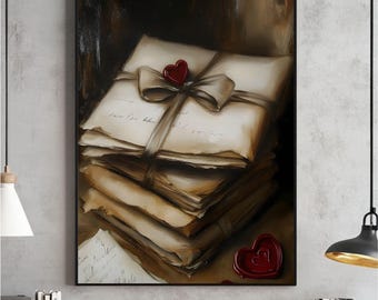 May include: A stack of old, vintage letters tied with a white ribbon and sealed with red wax hearts. The letters are on a dark background.