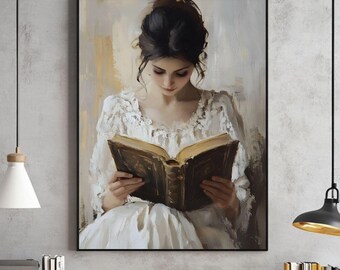 Puede incluir: Una pintura de una mujer con un vestido blanco de encaje leyendo un libro. La mujer tiene el pelo oscuro y está sentada en una silla. El fondo es de color beige claro.