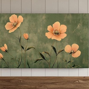 Flower Painting Frame TV Art, Antique Dark Green Peach Wildflower Screensaver, Earthy Organic Floral Vintage Botanical Summer Decor