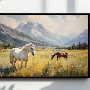 Rustic Landscape Wild Horses In Field Wall Art, Large Modern Western, American Country Digital Art | Vintage Horse Print | DOWNLOAD File