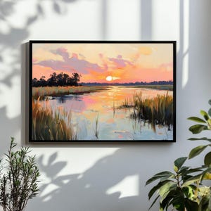 Sunset Marsh Landscape Painting | Carolina Green Lowcountry Coastal Watercolor Wall Art Print | Pastel Beach Printable Digital Download