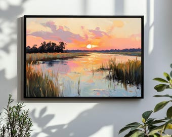 Zonsondergang moeraslandschap schilderij | Carolina-groene laagland kust aquarel kunst aan de muur print | Afdrukbare digitale download in pastelkleurige strand