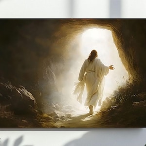 May include: A painting depicting a figure in white robes walking out of a cave towards a bright light. The figure is surrounded by a golden glow, and the cave is dark and shadowy.