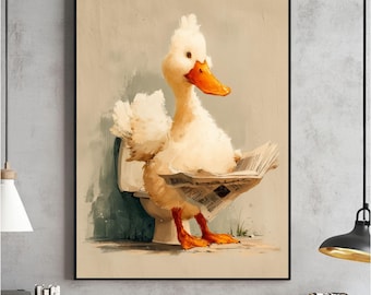 Impresión de pato en el inodoro, decoración divertida para el baño, arte infantil de estilo rústico (descarga digital)