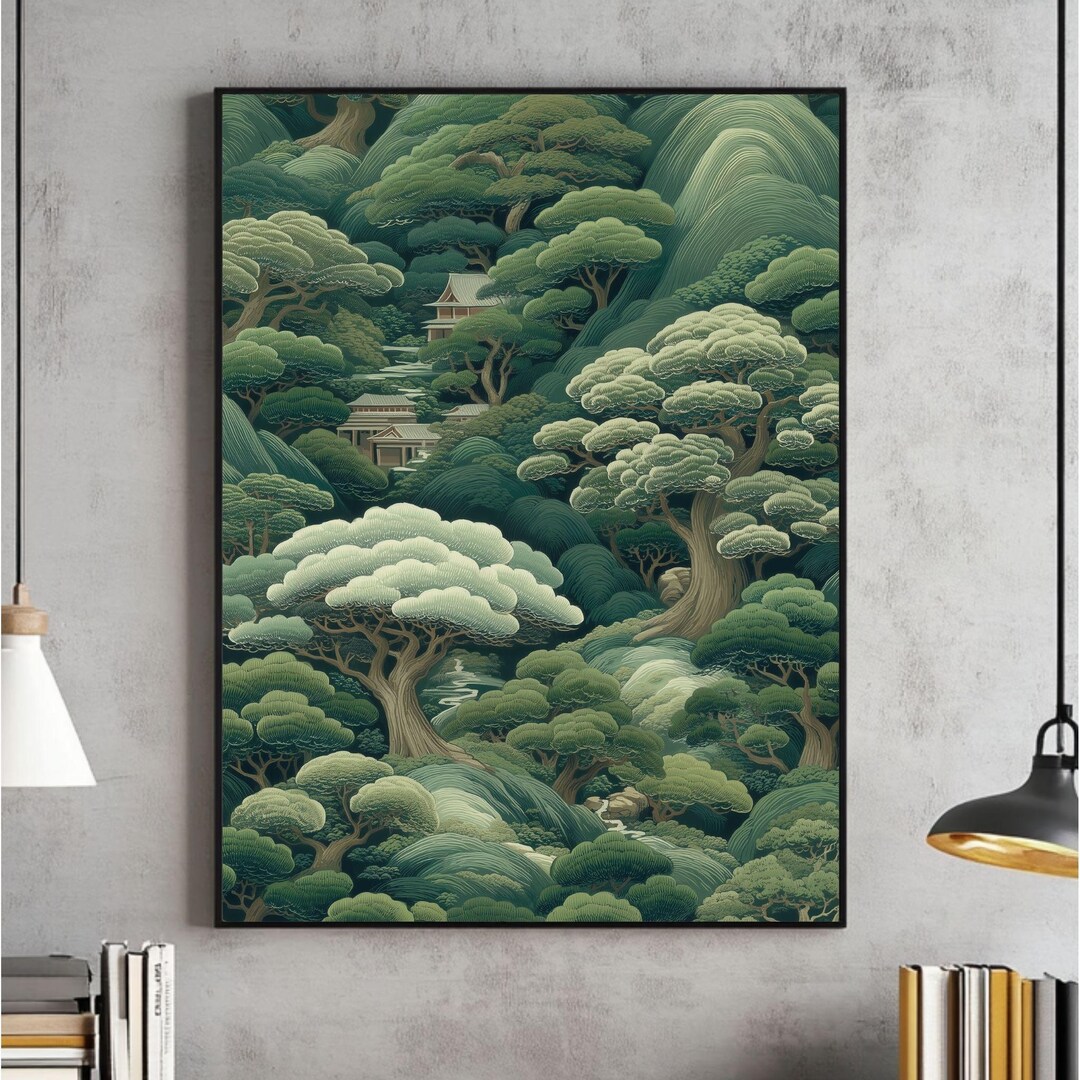Japanese Forest Wall Art, Maximalist Poster, Sage Green Wabi Sabi