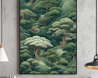 Japanese Forest Wall Art, Maximalist Poster, Sage Green Wabi Sabi Painting, Japandi Print, Chinoiserie Digital, Printable