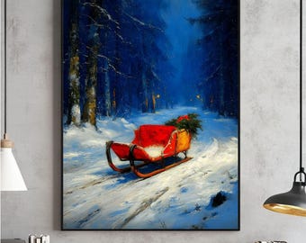 Vintage Winter Sleigh Print, Rustic Christmas Scene (Digital Download)