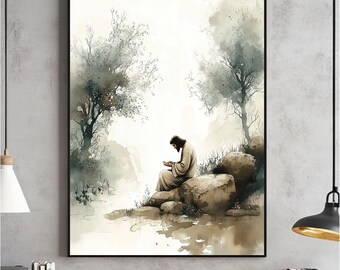 Garden of Gethsemane Wall Art, Jesus Praying Watercolor Printable, Christian Print, Faith-Based Home Decor Digital, Religious Artwork