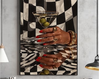 Retro Martini Wall Art, Black Girl Bar Cart Painting, Black fashion Poster, Black Woman Digital, Cool Apartment File, Trendy Cocktail