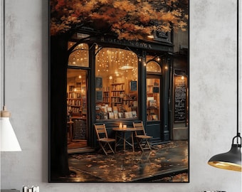 Autumn Coffee Shop Wall Art, Moody Bookstore Print, Cozy Cafe Fall Poster, Thanksgiving Decor, Book Lover Print, Dark Aesthetic Download