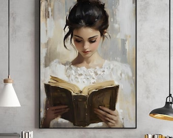 Puede incluir: Una pintura de una mujer con el pelo largo y oscuro que lleva un vestido blanco de encaje y lee un libro. El fondo es un gris suave y apagado.