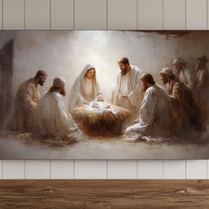 May include: A painting depicting the Nativity scene with Mary, Joseph, and the baby Jesus surrounded by a group of people. The scene is set in a stable with straw on the floor. The painting is done in a realistic style with warm colours.