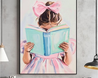 Mała brunetka dziewczynka czytająca dzieło sztuki, pastelowa sztuka ścienna w kąciku książki, różowy pokój dziewczynki do pobrania w wersji cyfrowej, kokarda do pokoju zabaw Preppy do wydrukowania, malowanie
